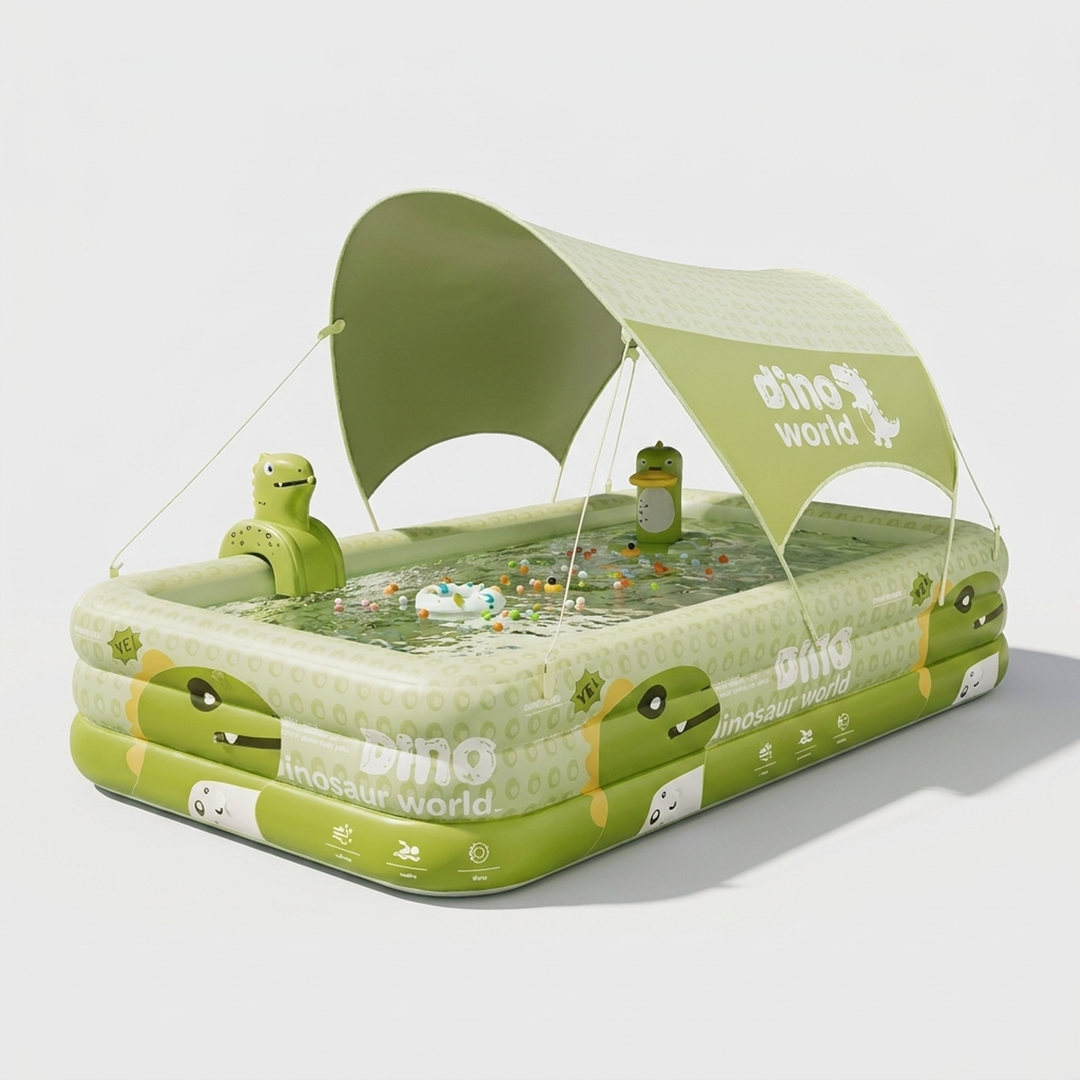 Piscine splash dinosaure avec auvent rafraîchissant