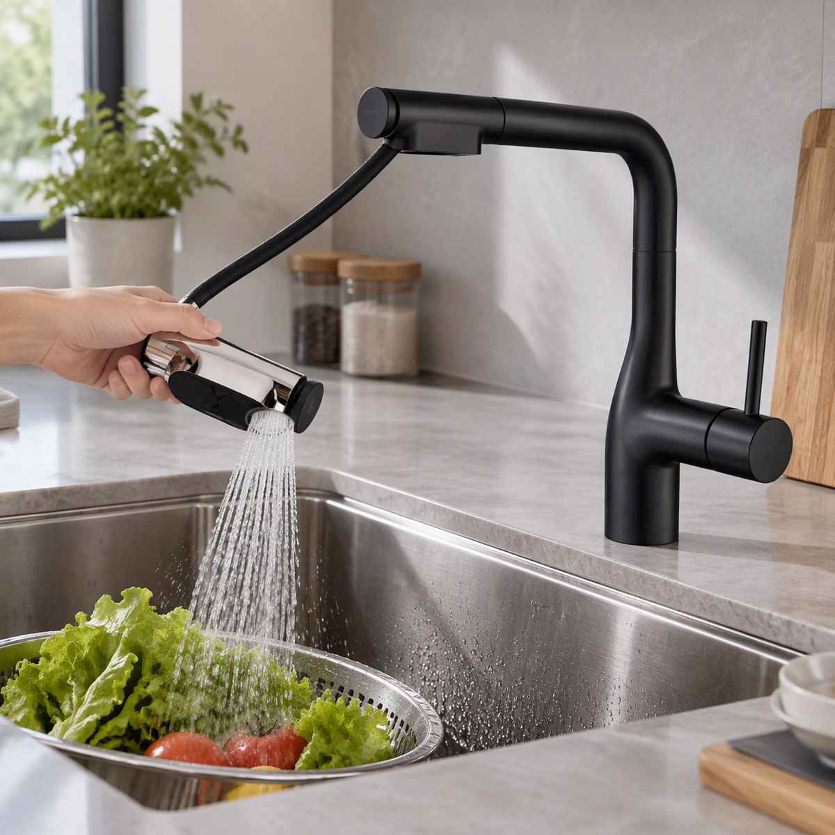 Robinet de cuisine à tirette pour un rinçage sans effort