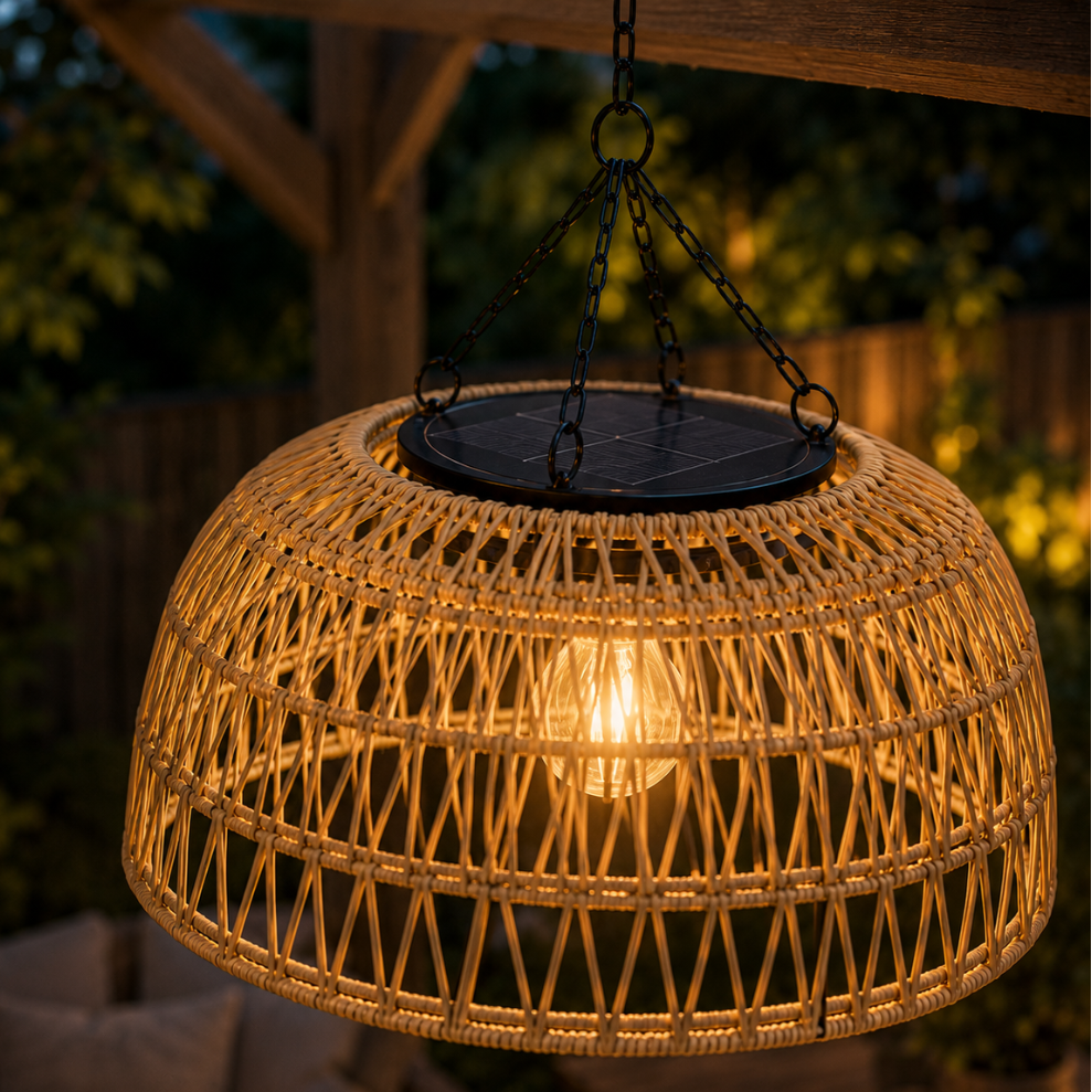 Solar Woven Pendant Lamp With Dusk-To-Dawn Glow