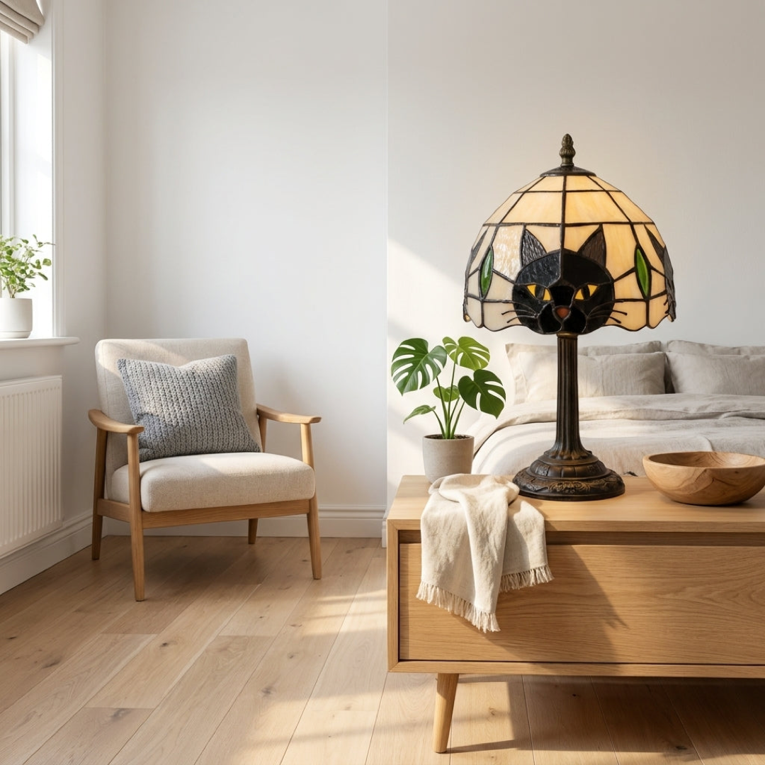 Buntglas-Katzenlampe für gemütliche Abende