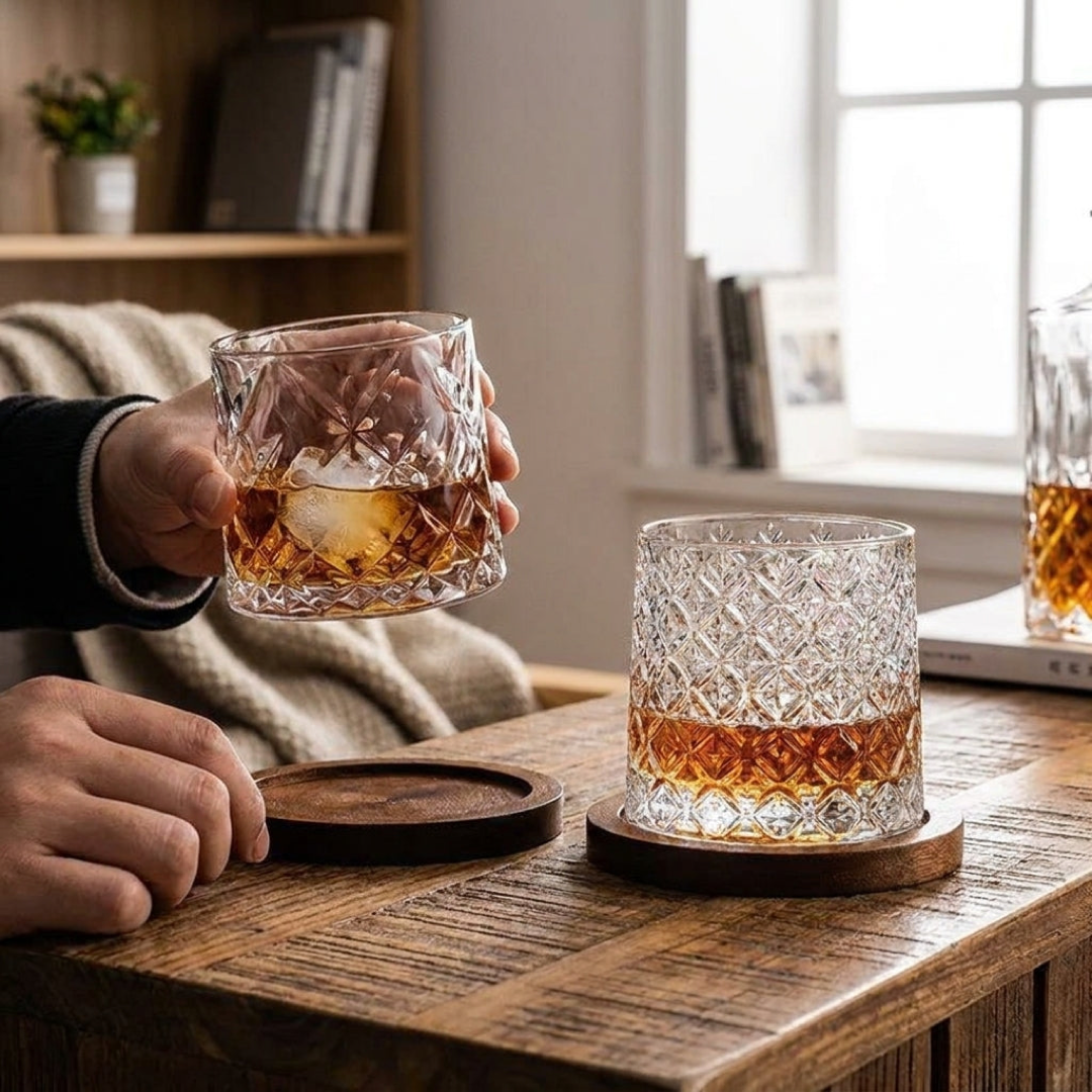 Verre à whisky en cristal avec sous-verre en bois
