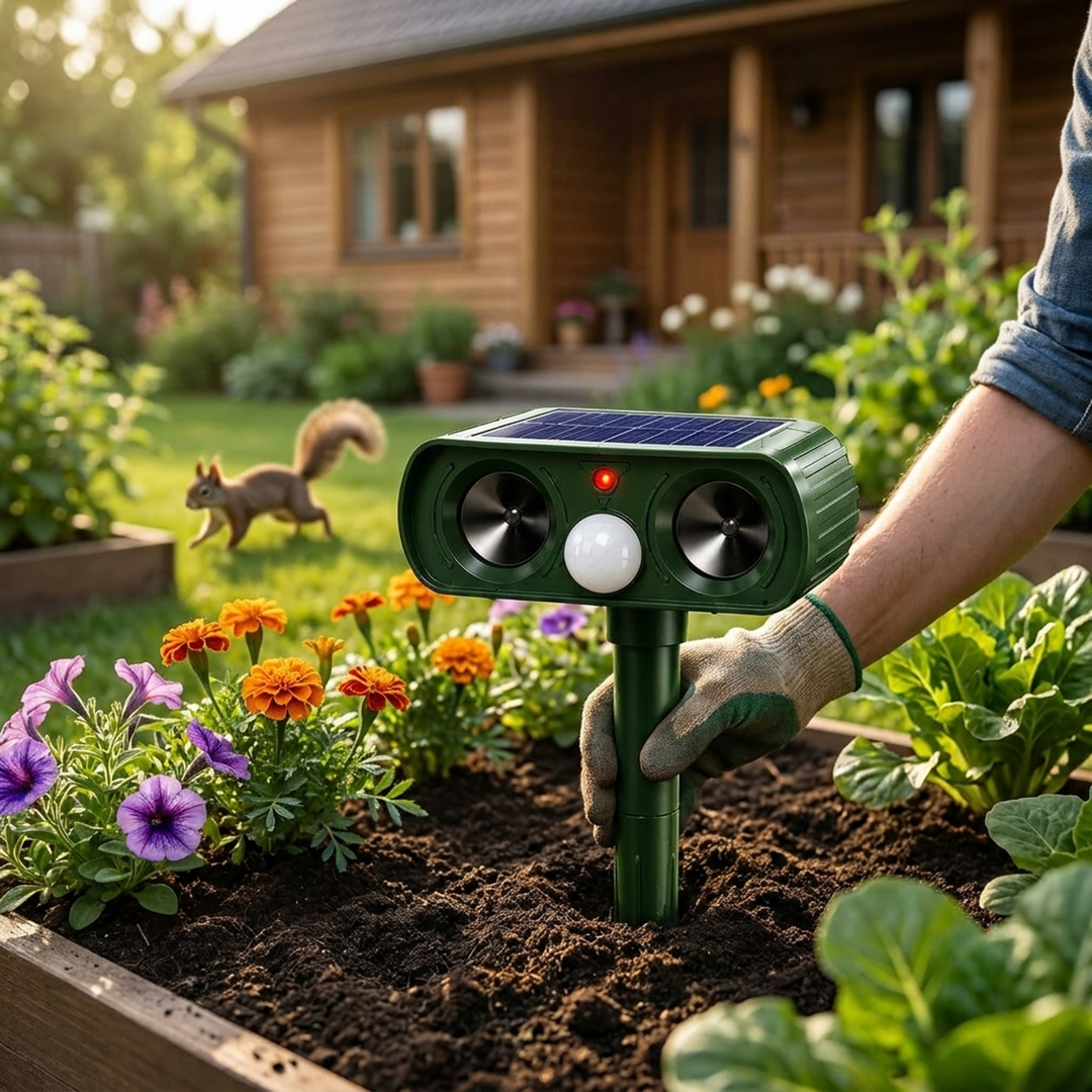 Zonne-energie tuinhouder voor diervriendelijke controle