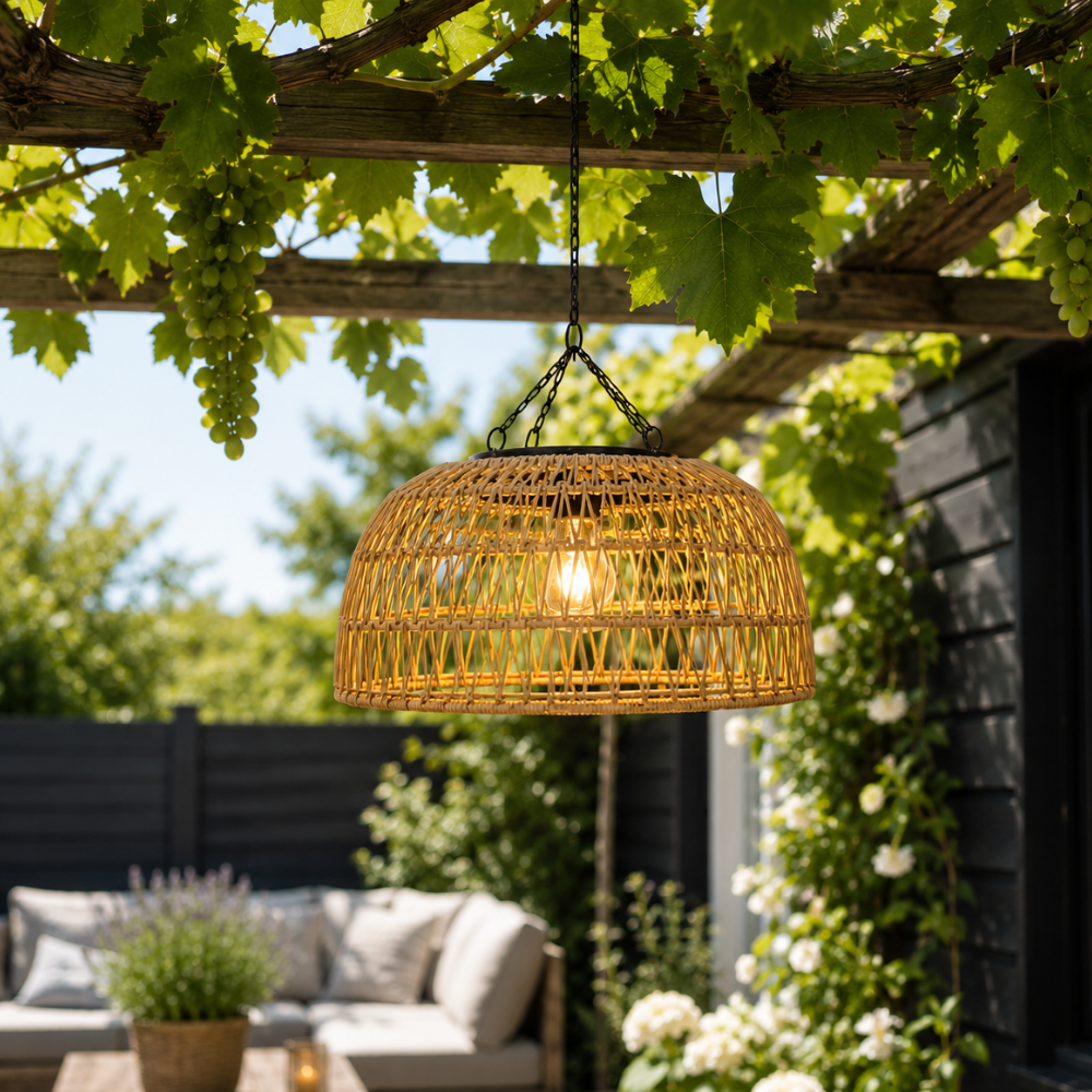 Solar Woven Pendant Lamp With Dusk-To-Dawn Glow