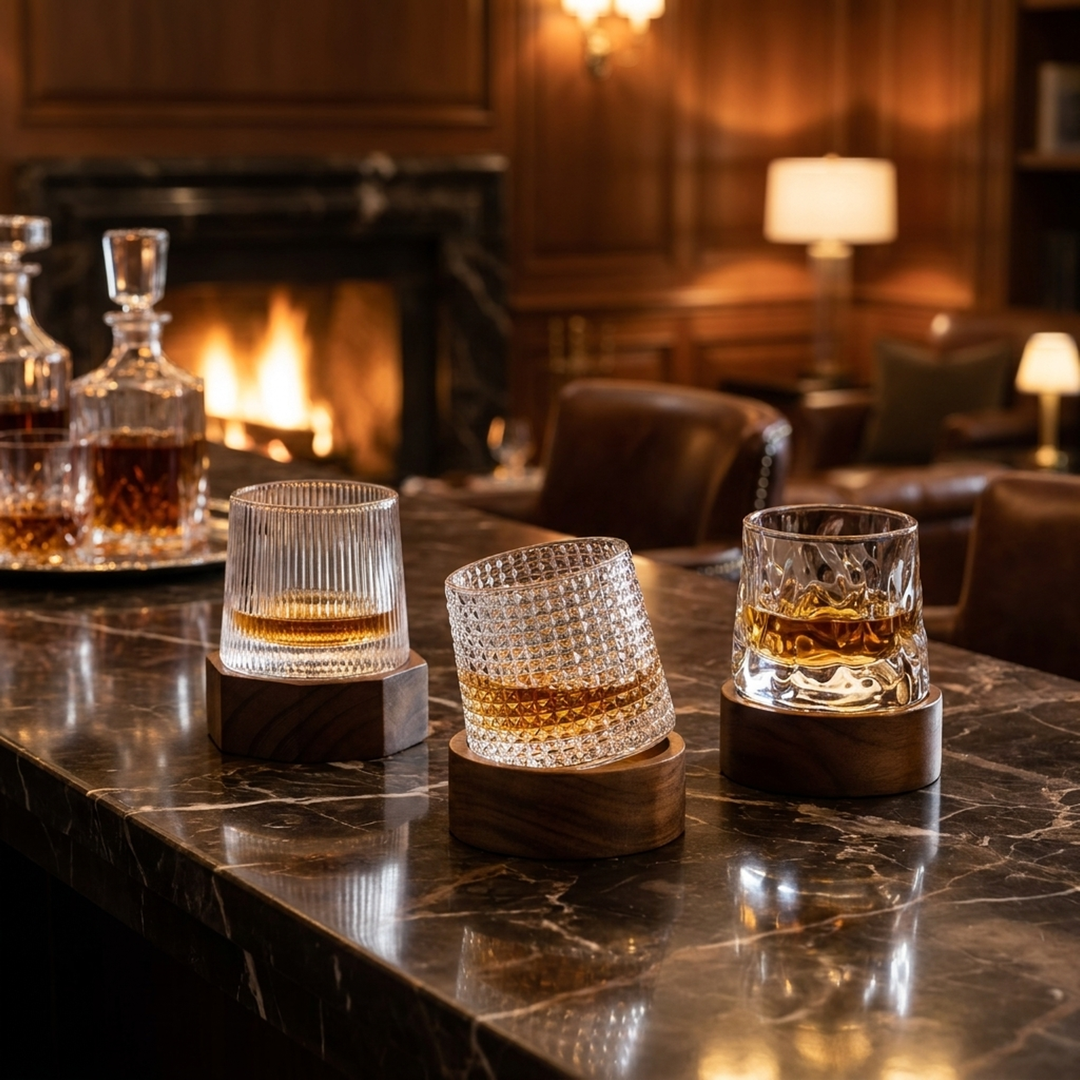Draaiende whiskyglaasjes voor boeiende inschenkingen