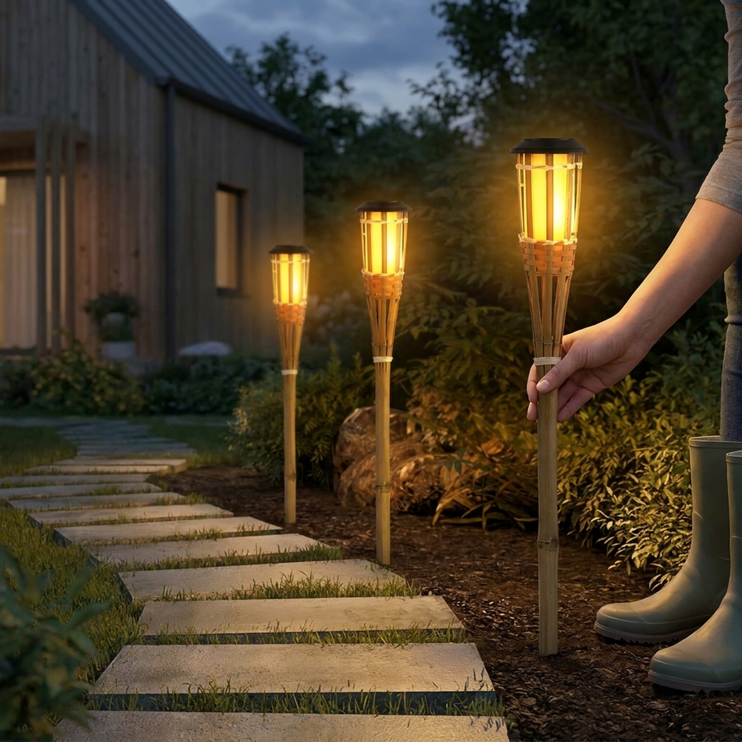 Bamboe zonne-energie fakkel voor warme buitenverlichting