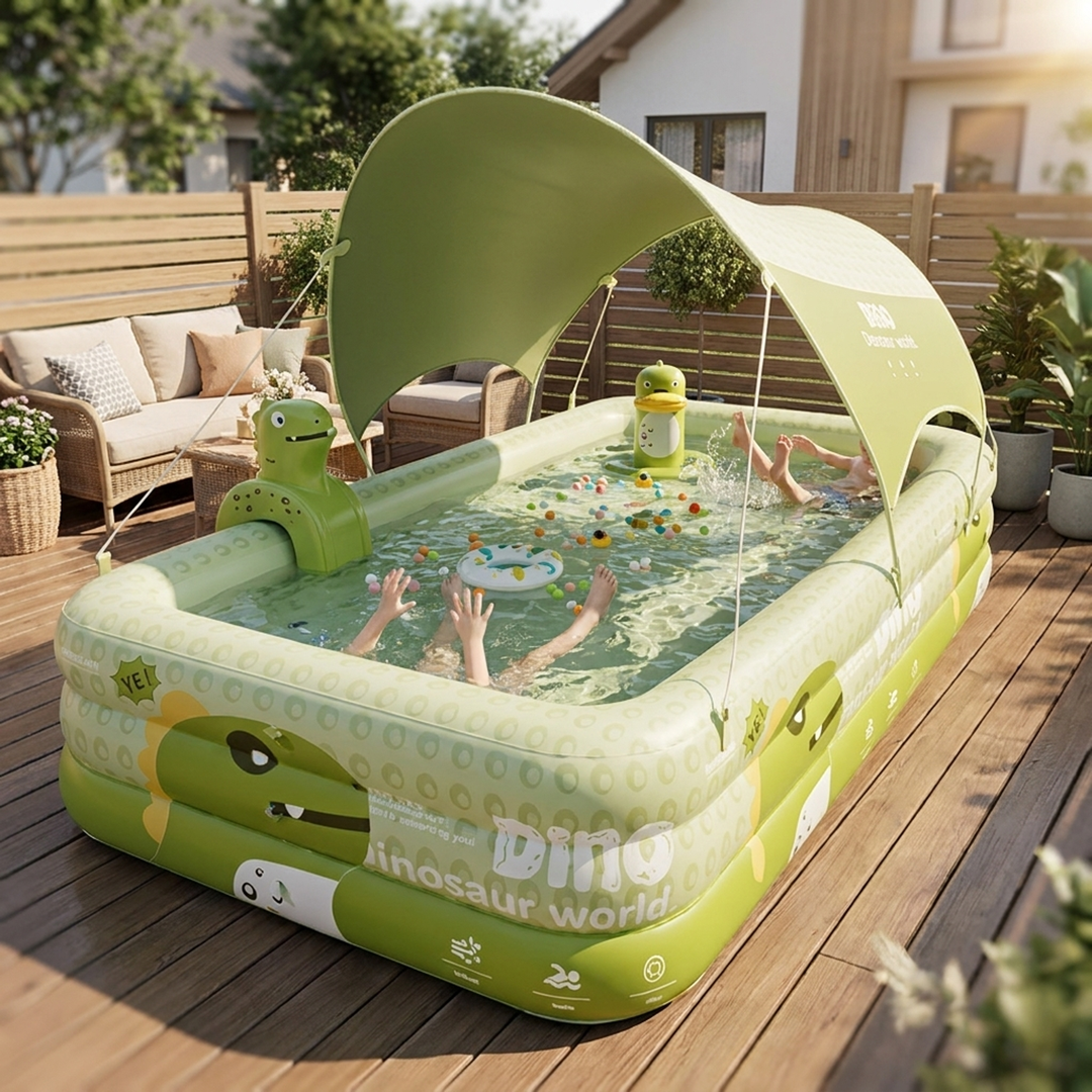 Piscine splash dinosaure avec auvent rafraîchissant