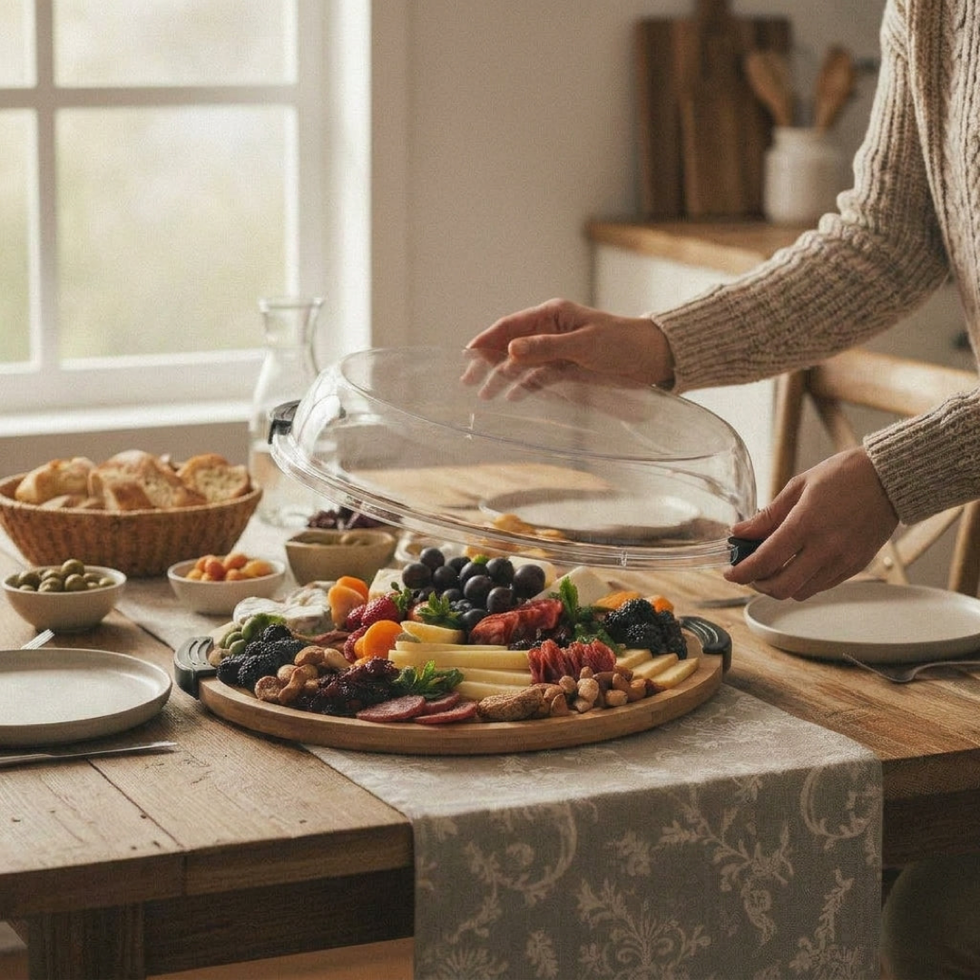 Platou acoperit din lemn pentru gustări, care păstrează alimentele proaspete