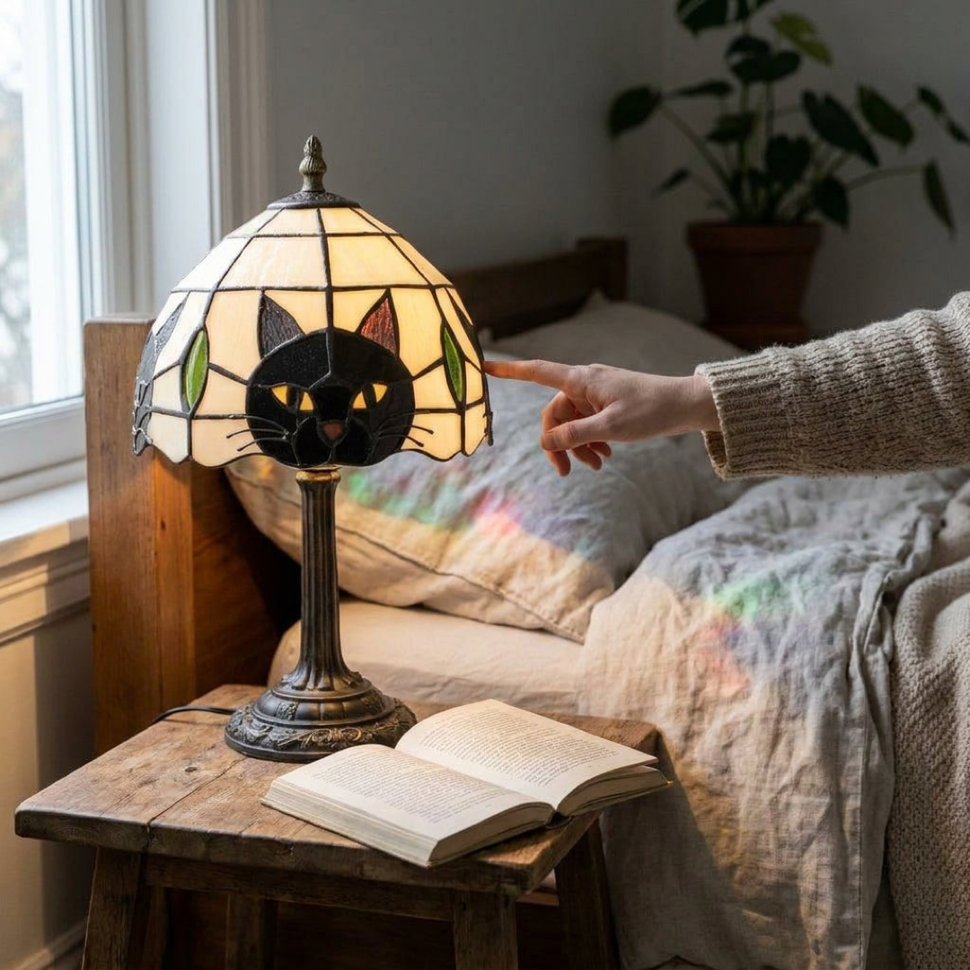 Buntglas-Katzenlampe für gemütliche Abende