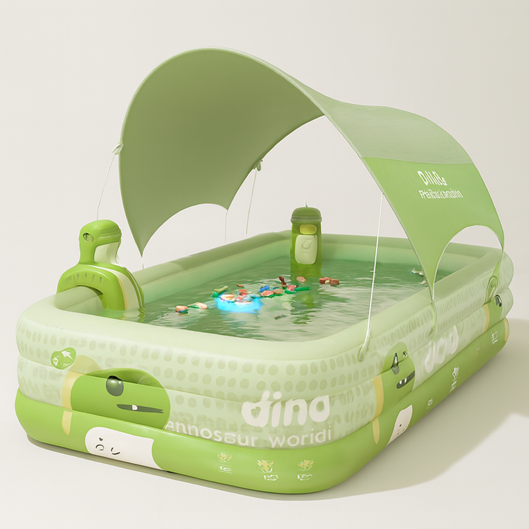 Piscine splash dinosaure avec auvent rafraîchissant