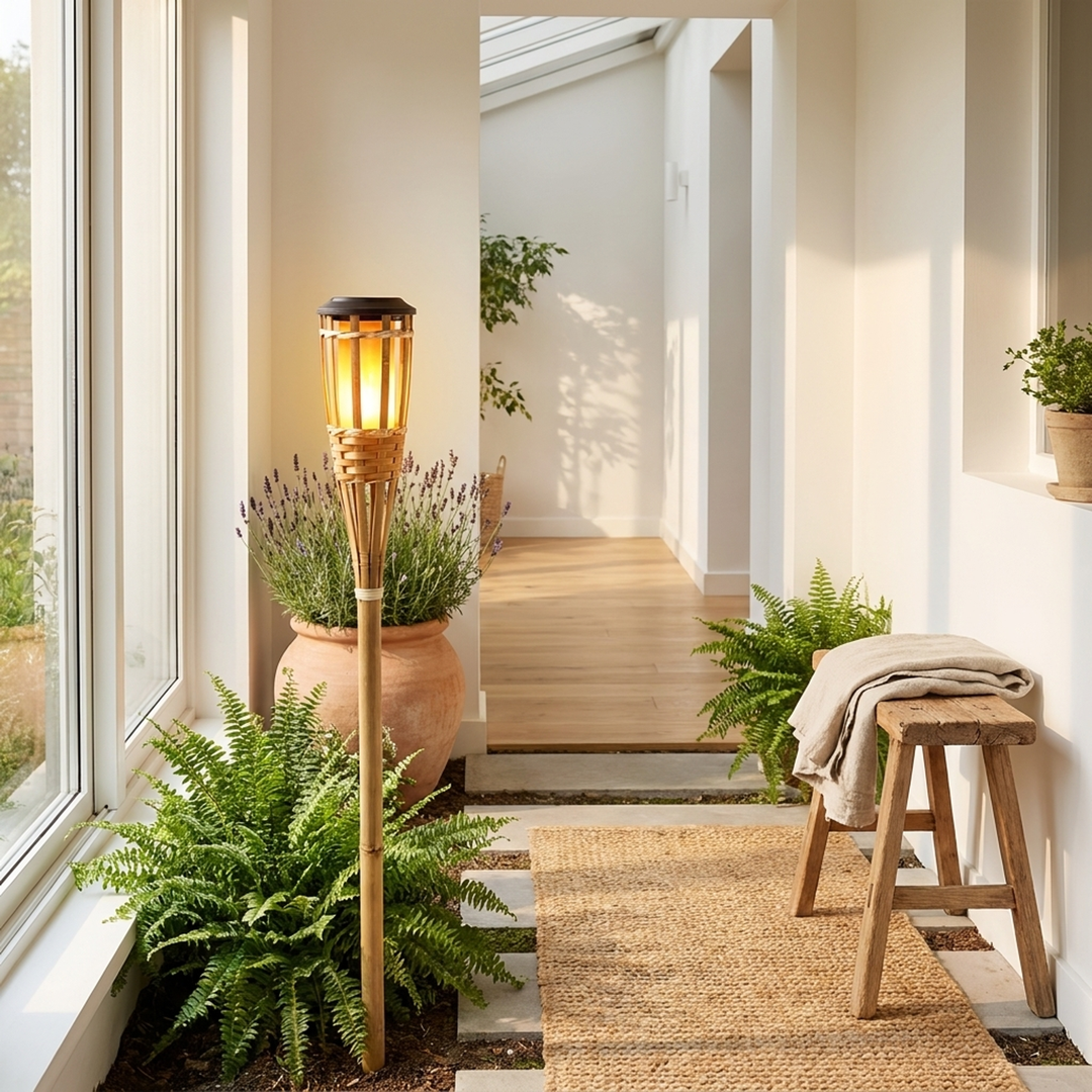 Bamboe zonne-energie fakkel voor warme buitenverlichting