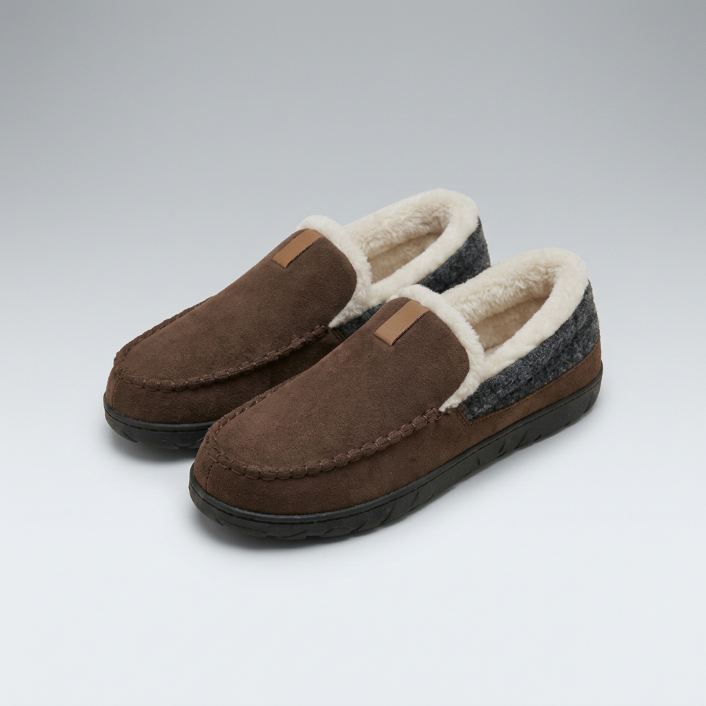 Brown loafers with a light-gray studio background
