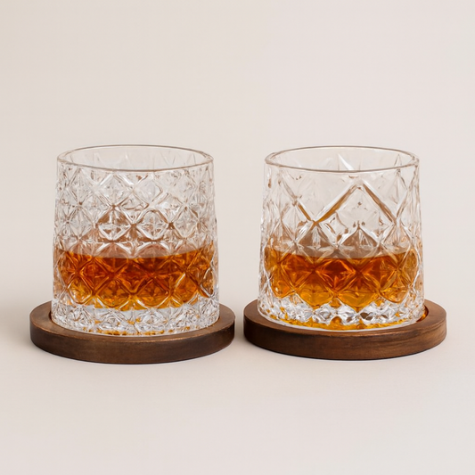 Křišťálová sklenice na whisky s dřevěnou podložkou