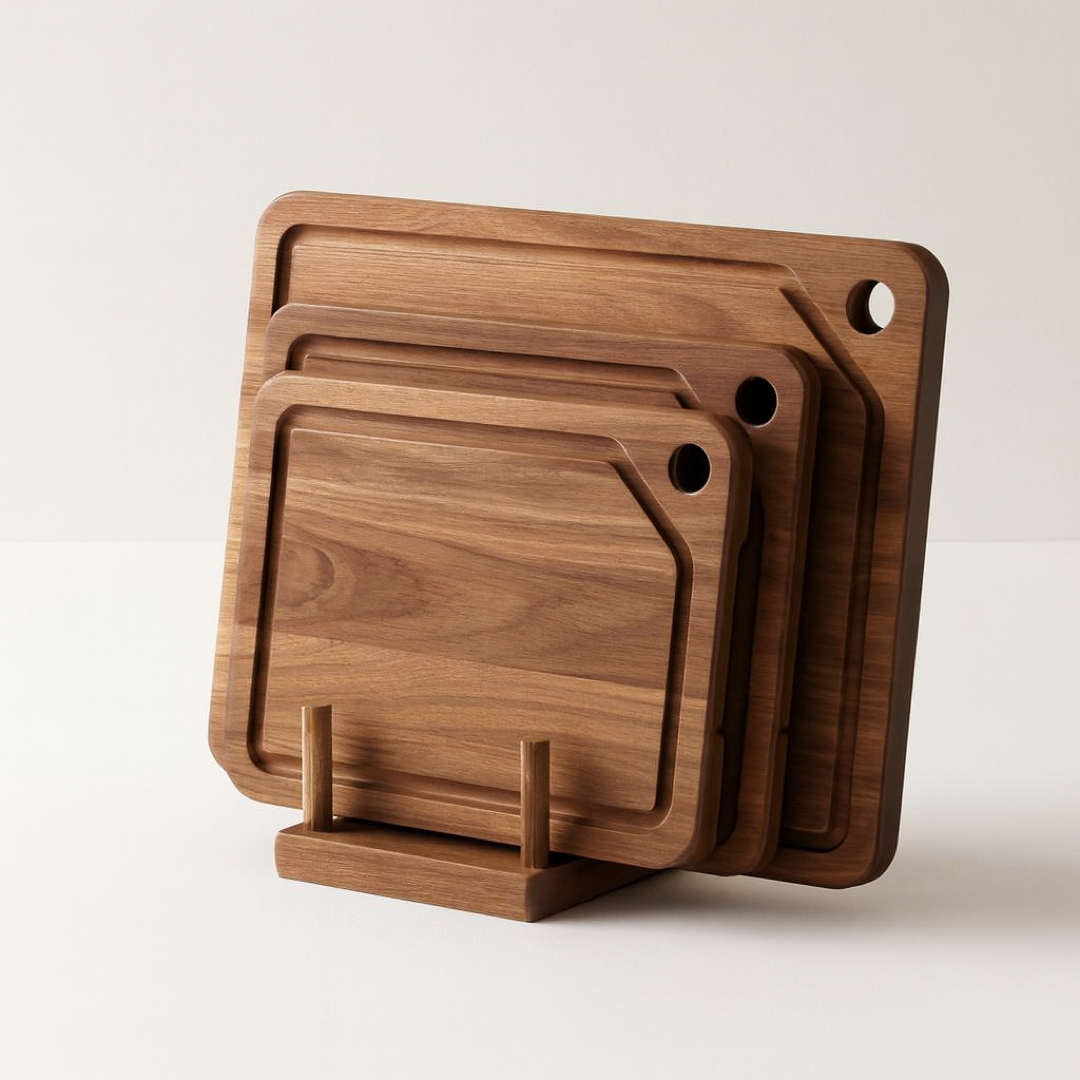 Acacia snijplank trio met ruimtebesparende standaard  