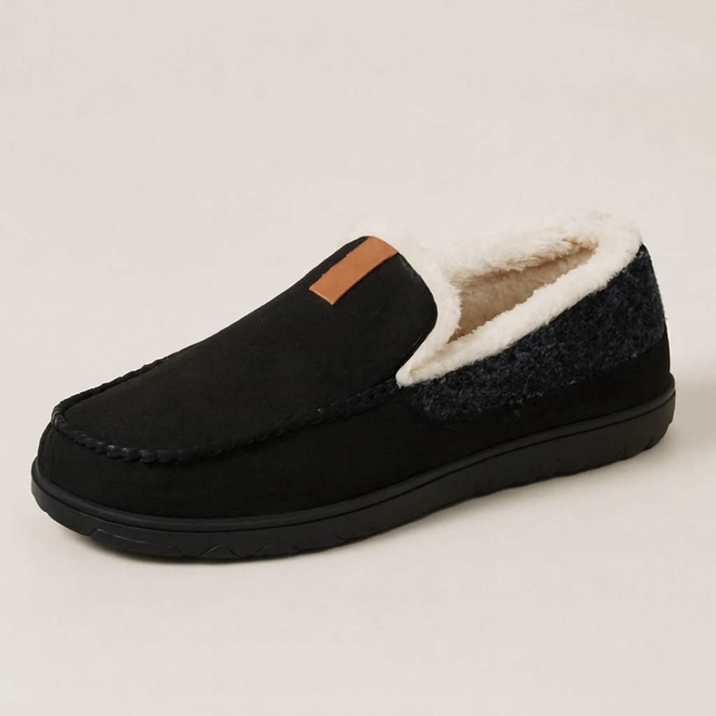 Black wool-look house loafer on a light-gray studio background
