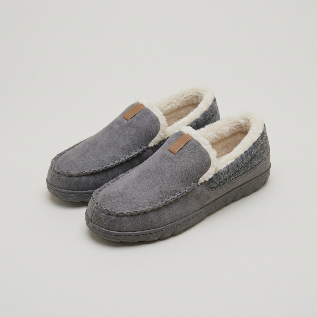 Pair of gray fleece-lined house loafers on a light-gray studio background