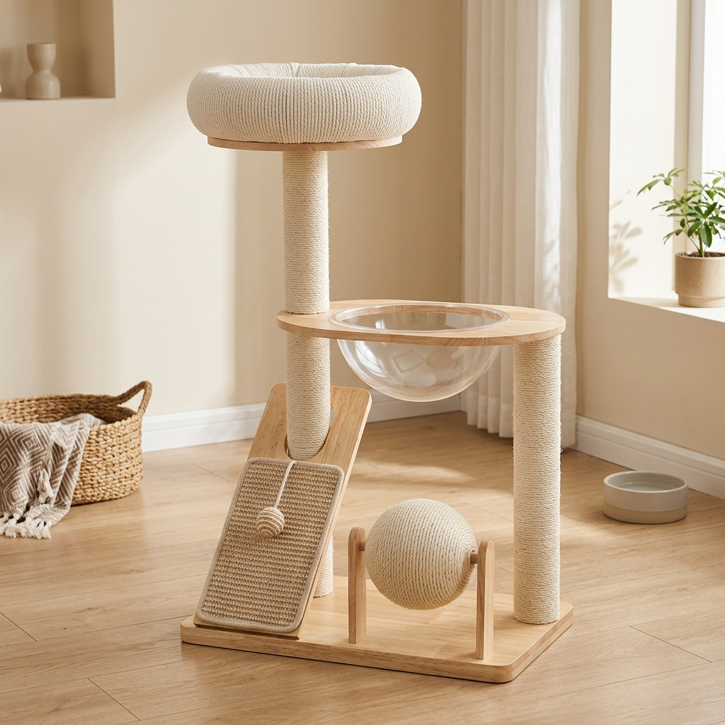 Wooden cat tower in a cozy pet room